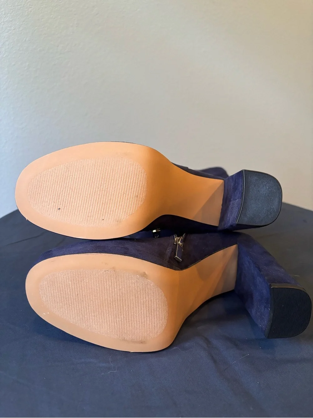 Chic Navy Blue Faux Suede Knee-High Block Heel Boots - Size 8